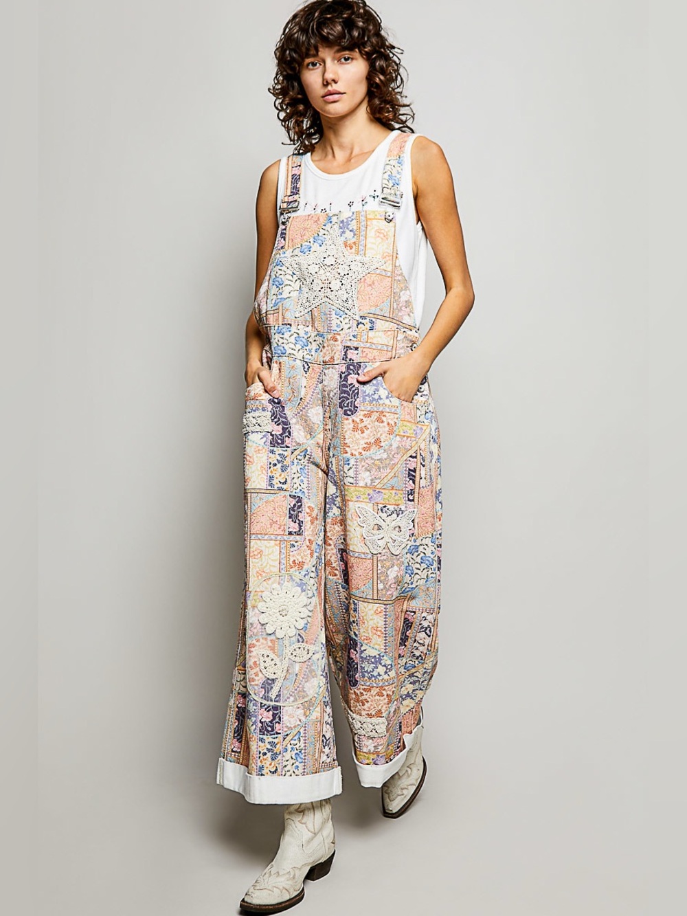 POL Patchwork Floral Wide-Leg Overalls in Pastel Peach & Blue